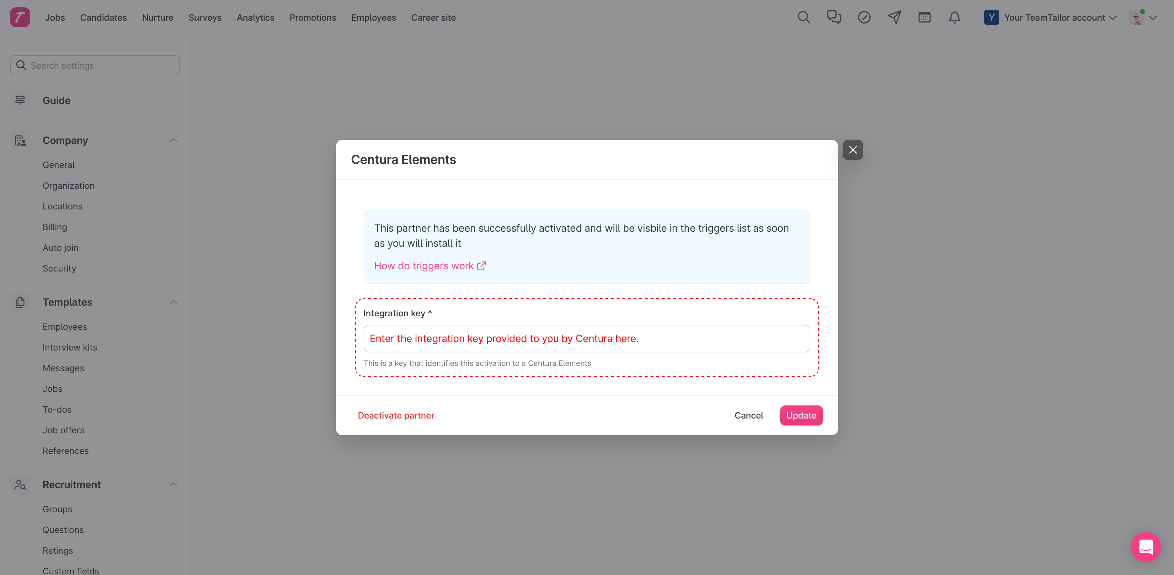 Entering the Integration Key in Settings